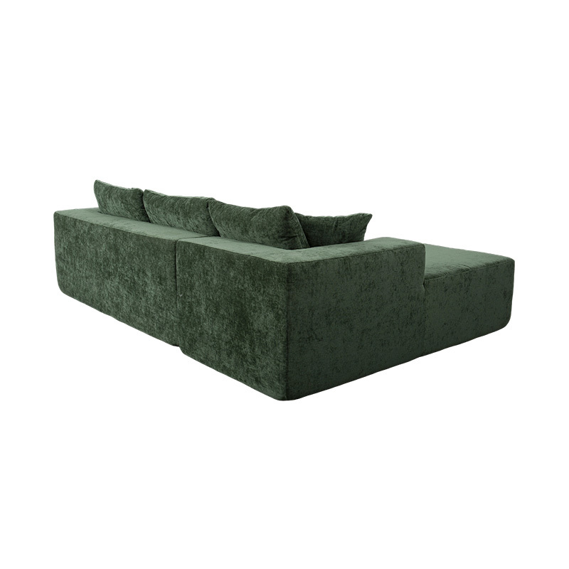 Divano angolare componibile a L in velluto verde smeraldo con cuscini multipli Divano angolare componibile a L in velluto verde smeraldo con cuscini multipli
