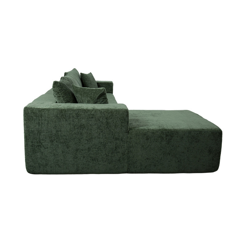 Divano angolare componibile a L in velluto verde smeraldo con cuscini multipli Divano angolare componibile a L in velluto verde smeraldo con cuscini multipli