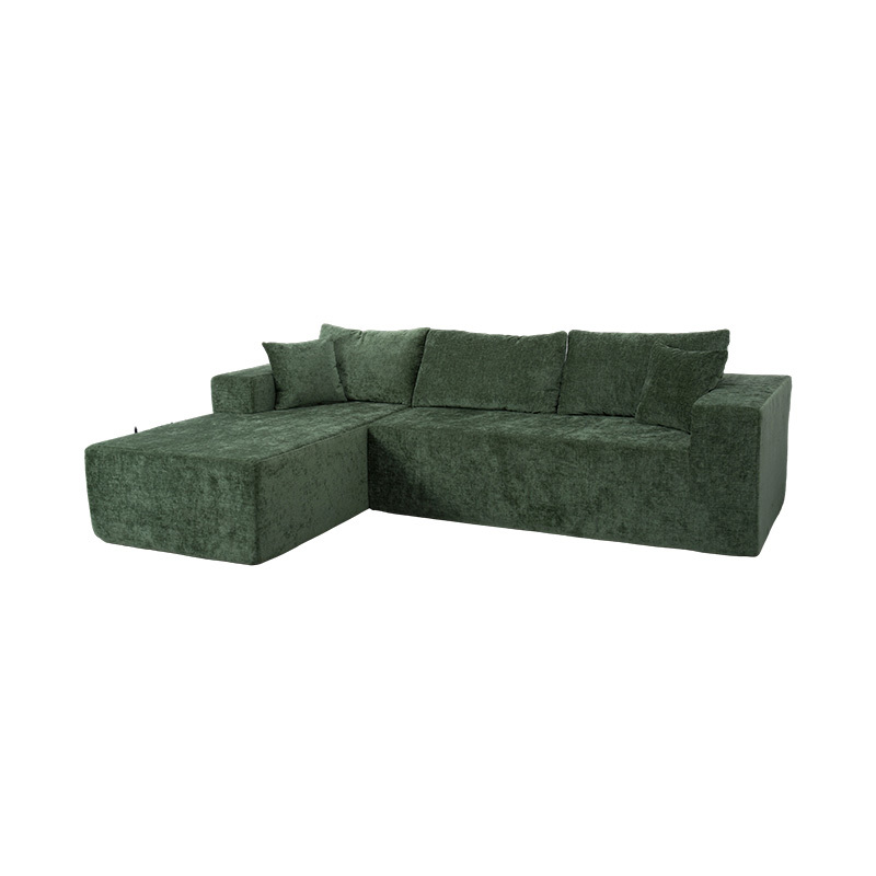 Divano angolare componibile a L in velluto verde smeraldo con cuscini multipli Divano angolare componibile a L in velluto verde smeraldo con cuscini multipli