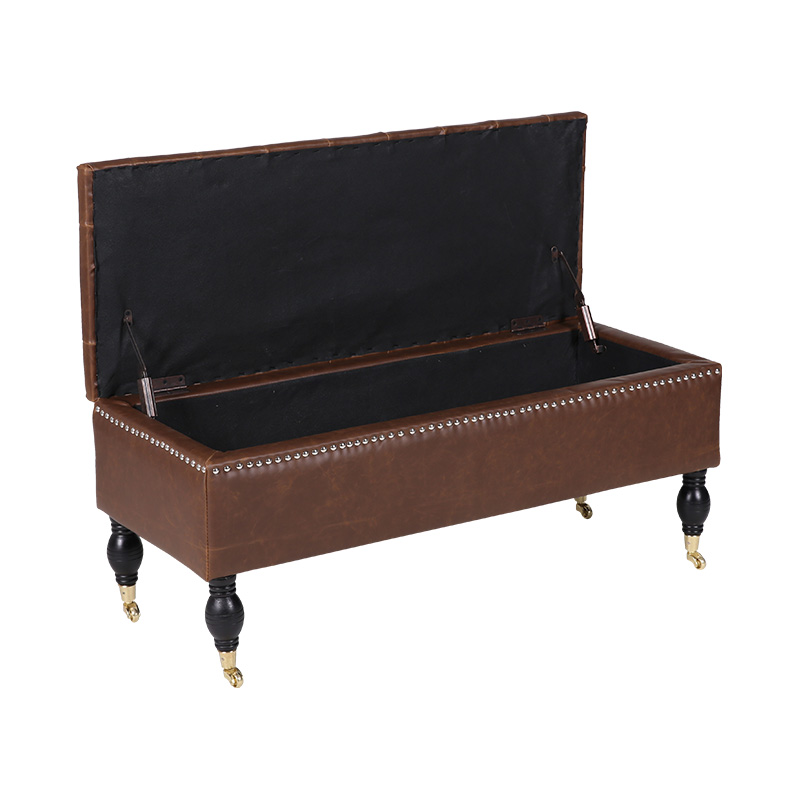 Sgabello contenitore mobile in pelle nera in stile inglese con ruote