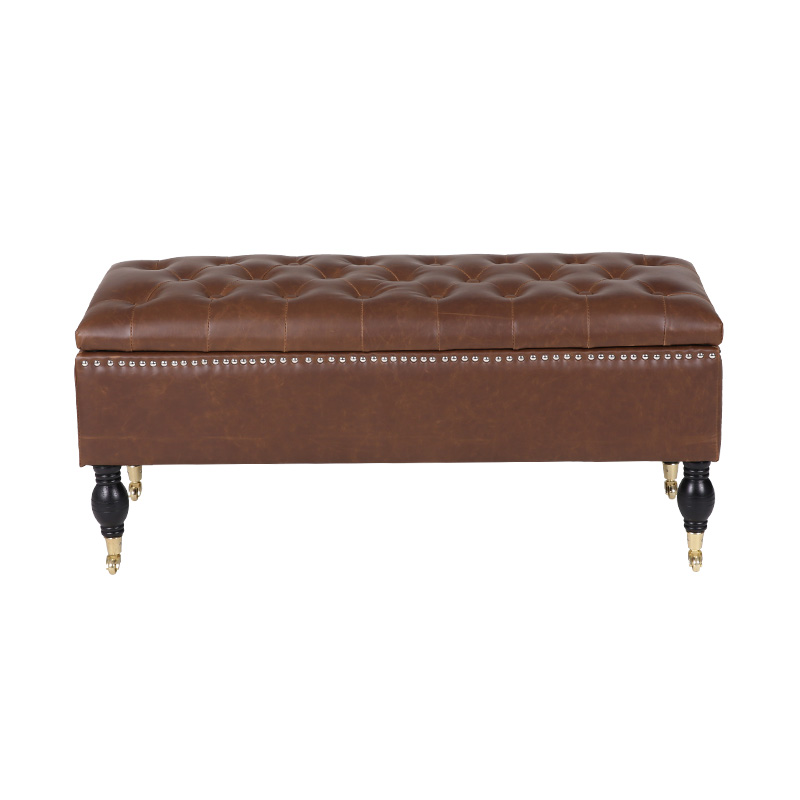 Sgabello contenitore mobile in pelle nera in stile inglese con ruote