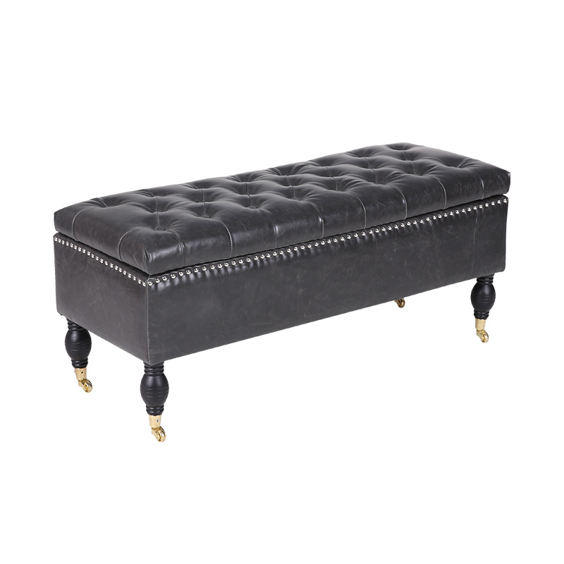 Sgabello contenitore mobile in pelle nera in stile inglese con ruote