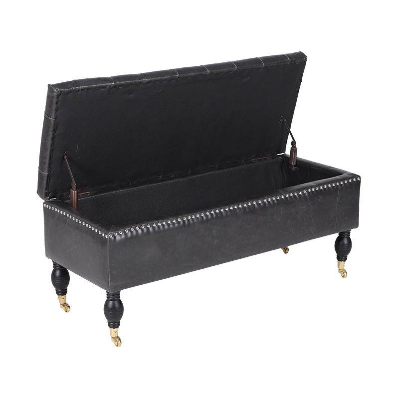Sgabello contenitore mobile in pelle nera in stile inglese con ruote