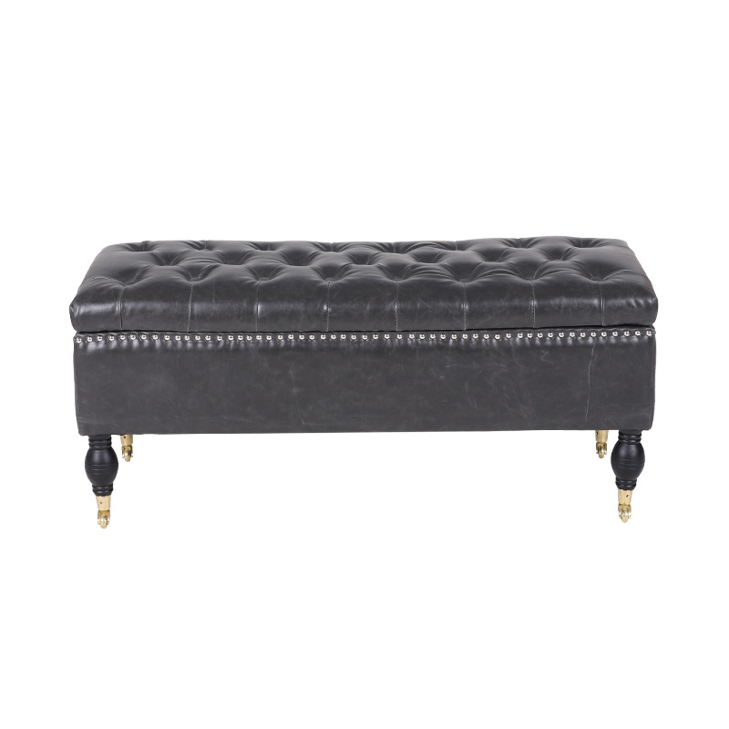 Sgabello contenitore mobile in pelle nera in stile inglese con ruote