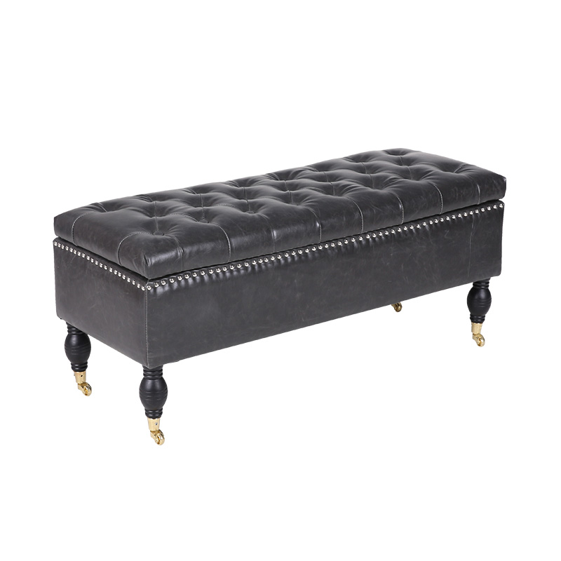 Sgabello contenitore mobile in pelle nera in stile inglese con ruote