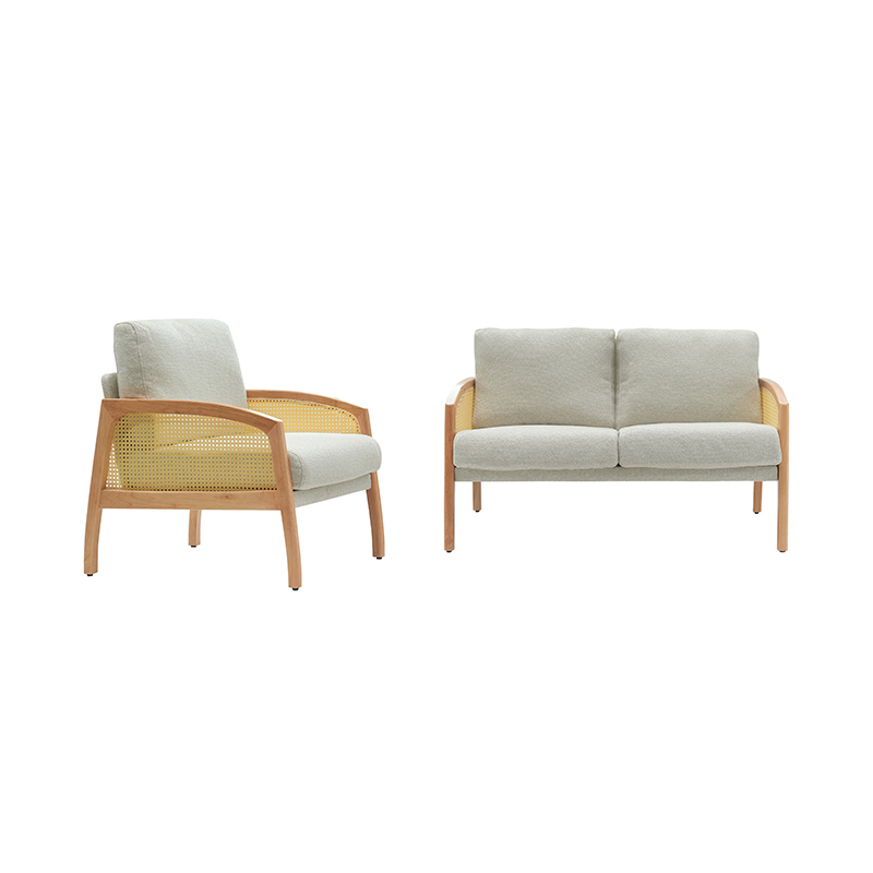Divano in lino con braccioli in rattan